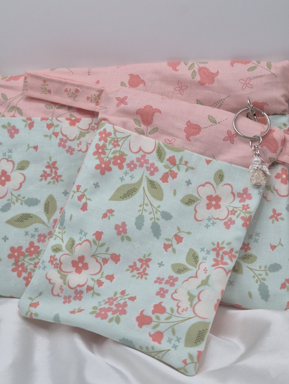 Handmade Floral Cotton Wristlet Pouches With Zippers in Mint and Coral Cosmetic
